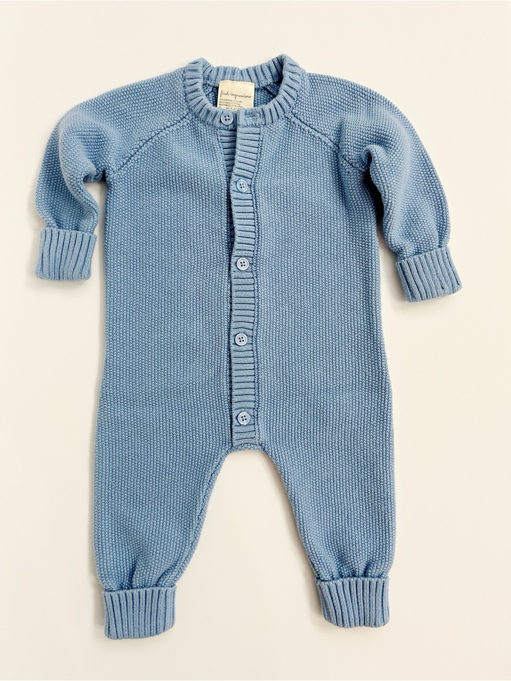 First Impressions Blue Garter Knit Button Front Romper Coverall Size 6-9 Months